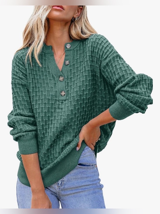 Dokotoo Sweaters - Button-Front Textured Crew Sweater in Teal Green - Women